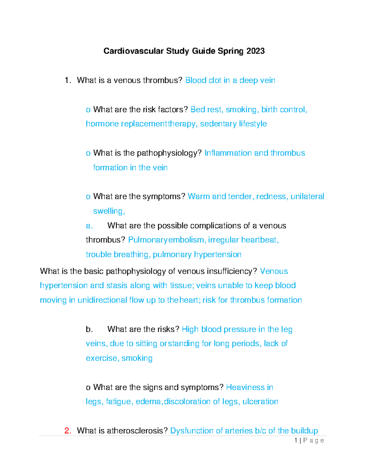 Cardiovascular Study Guide Spring 2023 - What are the possible ...