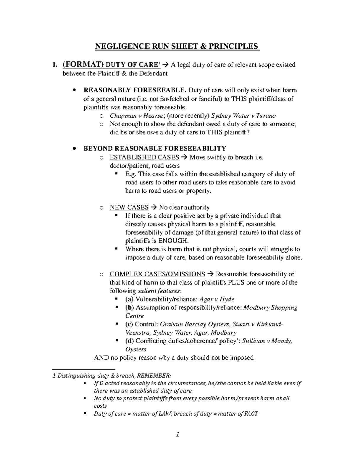 Negligence Step by Step - NEGLIGENCE RUN SHEET & PRINCIPLES 1. (FORMAT ...