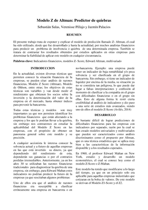 Modelo Z de Altman (Salas, Pillajo, Palacios) - Modelo Z de Altman:  Predictor de quiebras Sebastián - Studocu