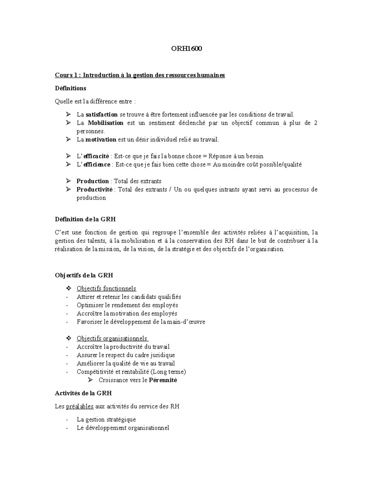 ORH1600 - NONE - ORH Cours 1 : Introduction à La Gestion Des Ressources ...