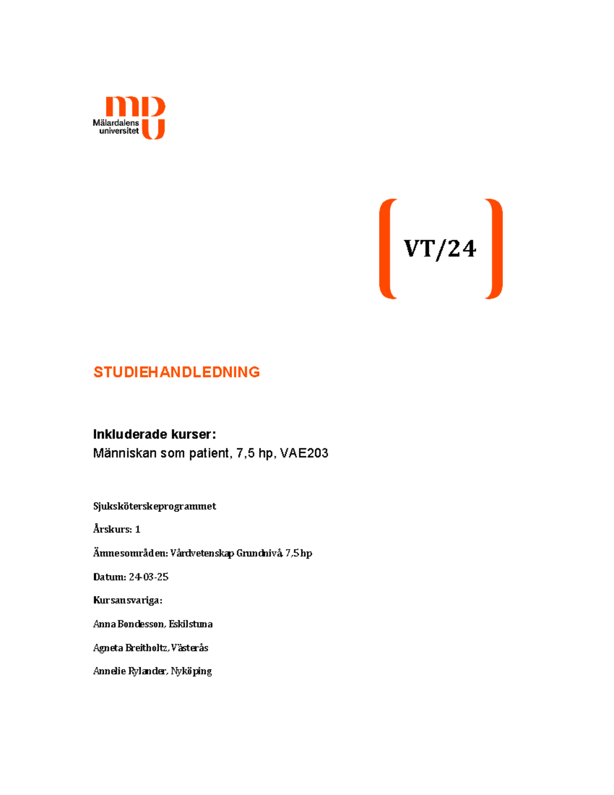 Studiehandledning VT-24 - STUDIEHANDLEDNING Inkluderade Kurser ...