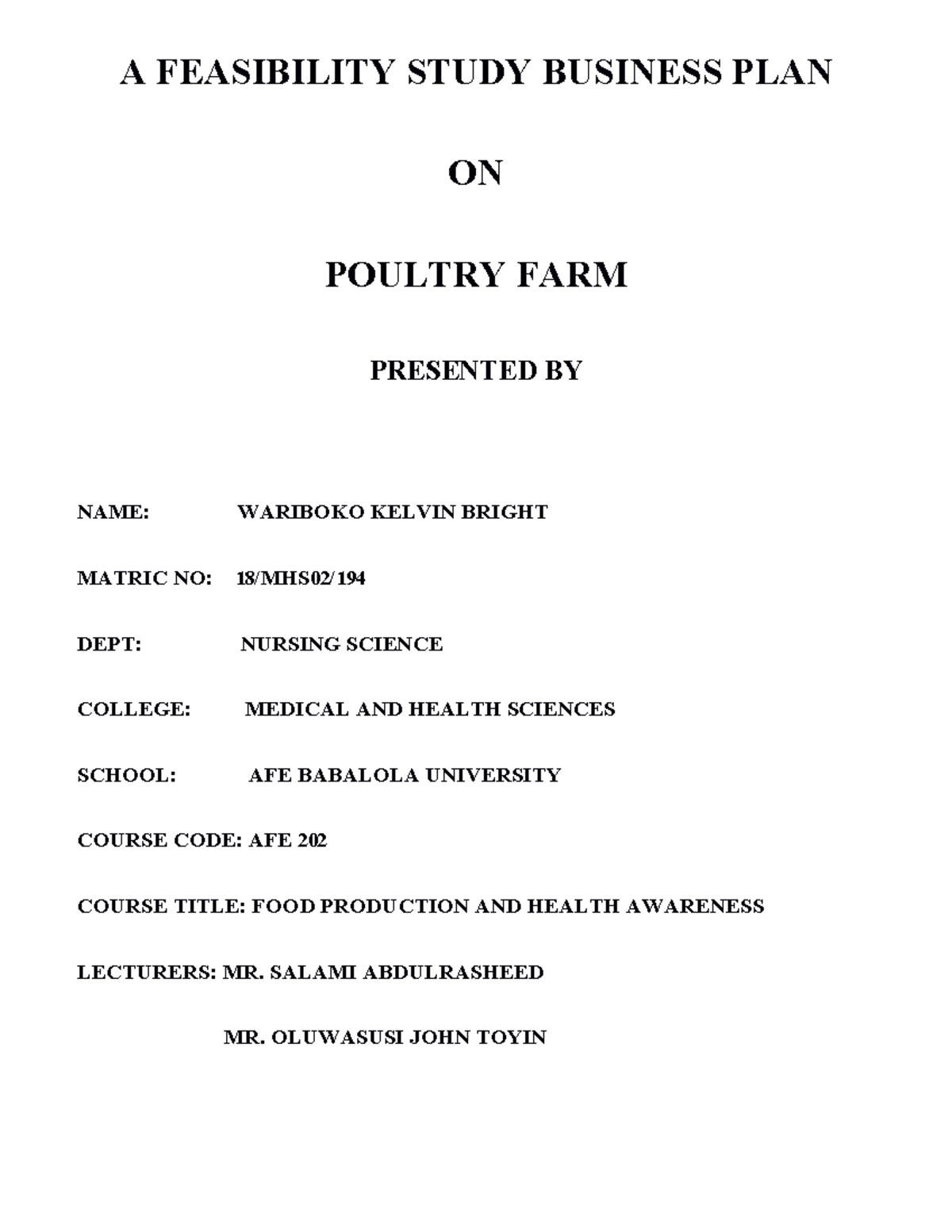 Feasibility Study on poultry - A FEASIBILITY STUDY BUSINESS PLAN ON ...