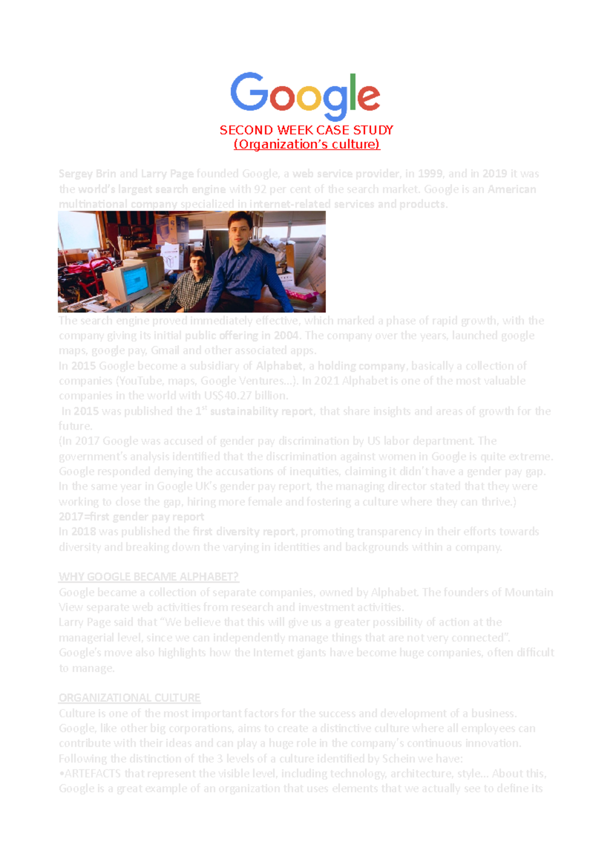 Case study: Google - SECOND WEEK CASE STUDY (Organization’s culture ...