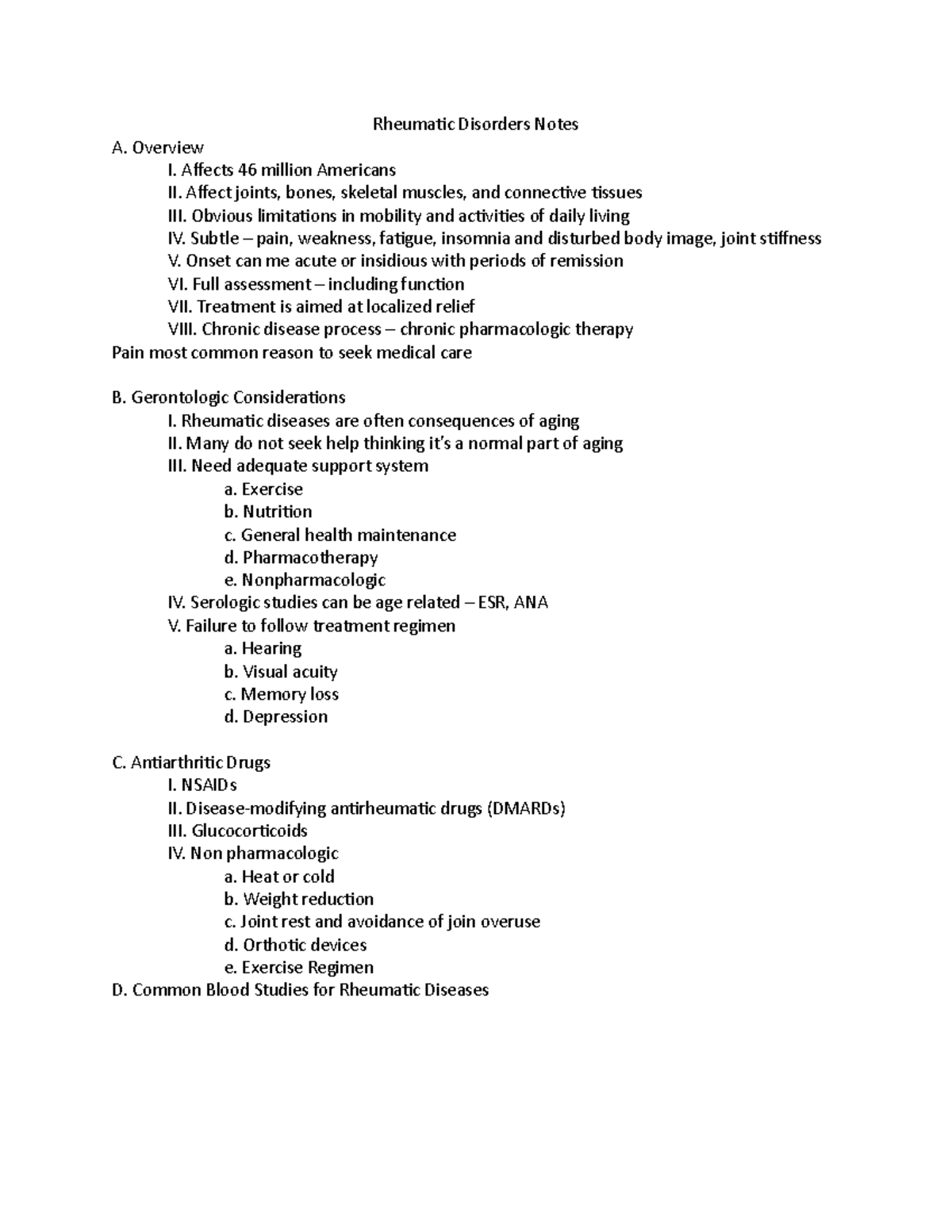 Rheumatic Disorders Notes - Overview I. Affects 46 million Americans II ...
