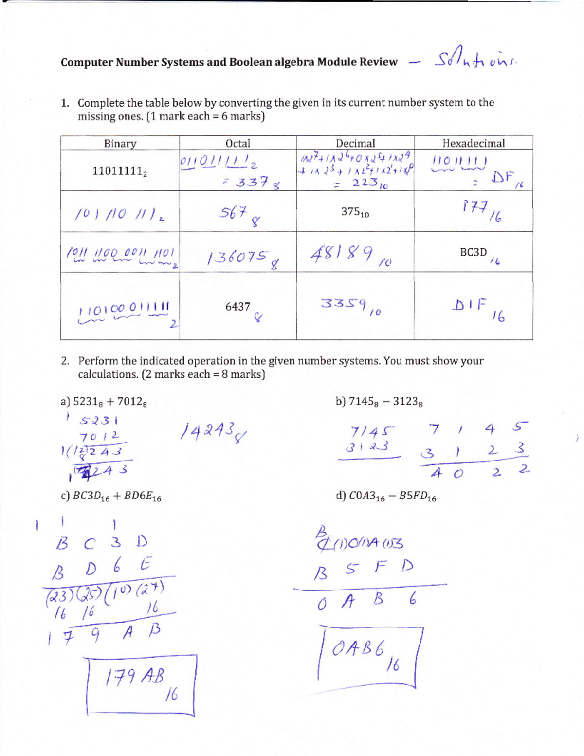 Computer number system and Boolean Algebra Review Solution - MAT8001C ...