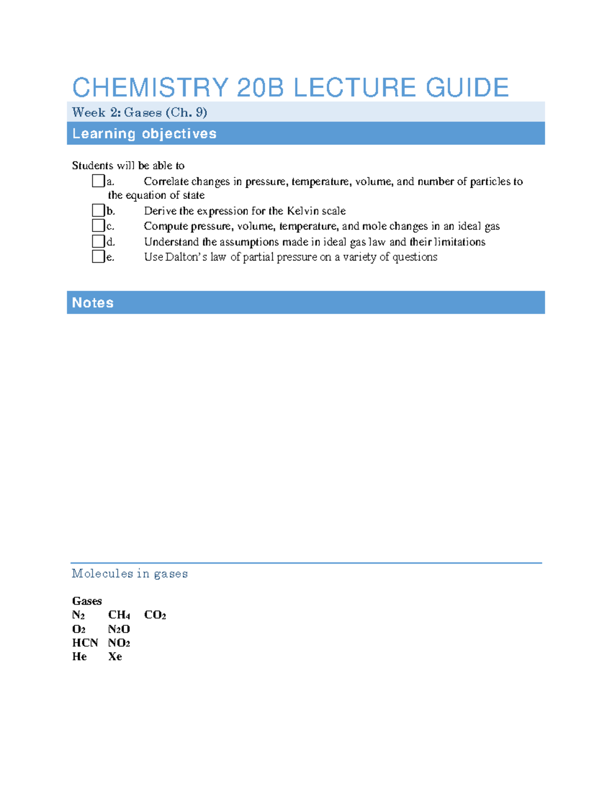 Chemistry 20B - Professor Barr - Week 2 Ideal Gas Law - Problem Set ...