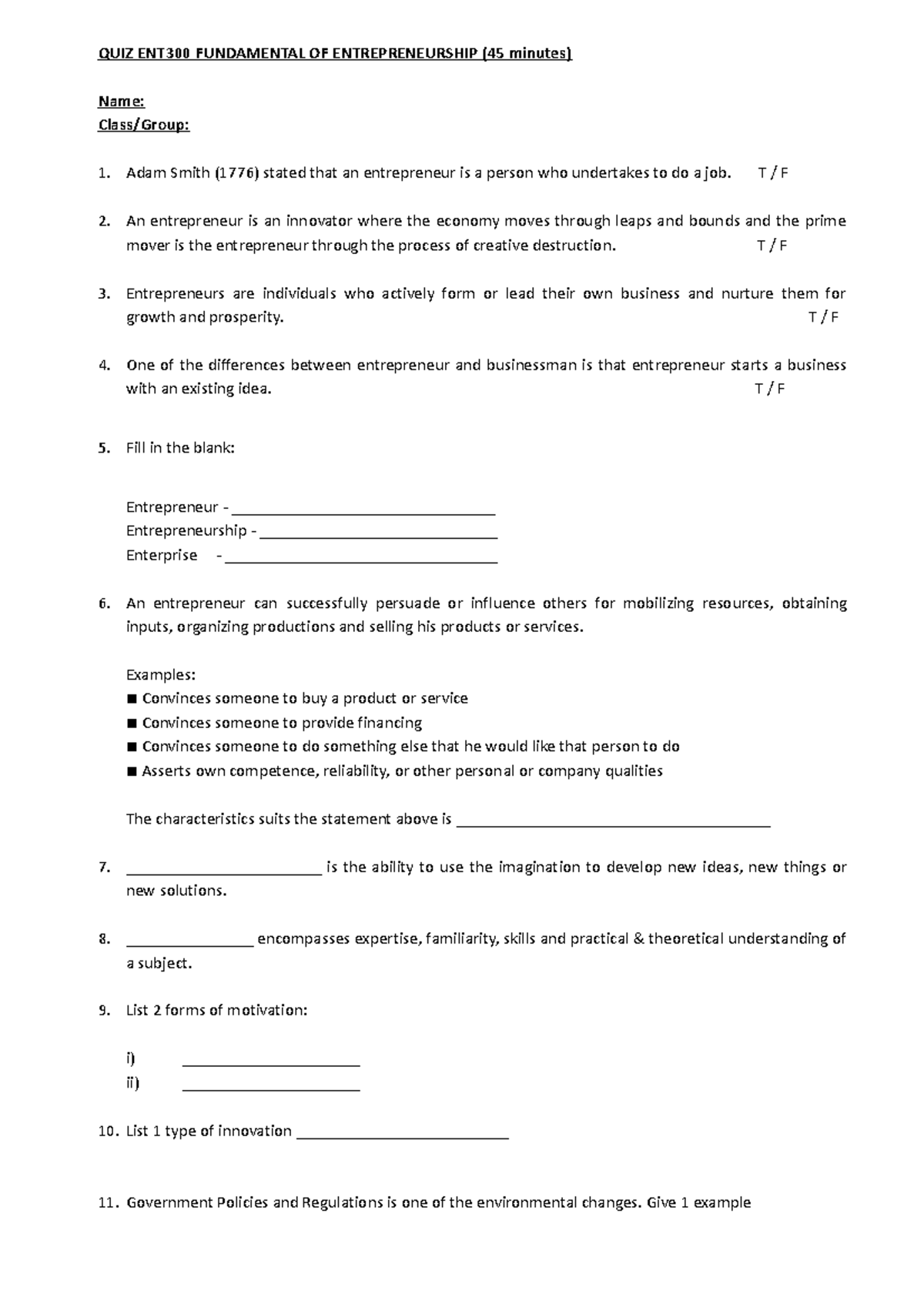 Quiz 1 - QUIZ 1 ENT300 - QUIZ ENT300 FUNDAMENTAL OF ENTREPRENEURSHIP ...