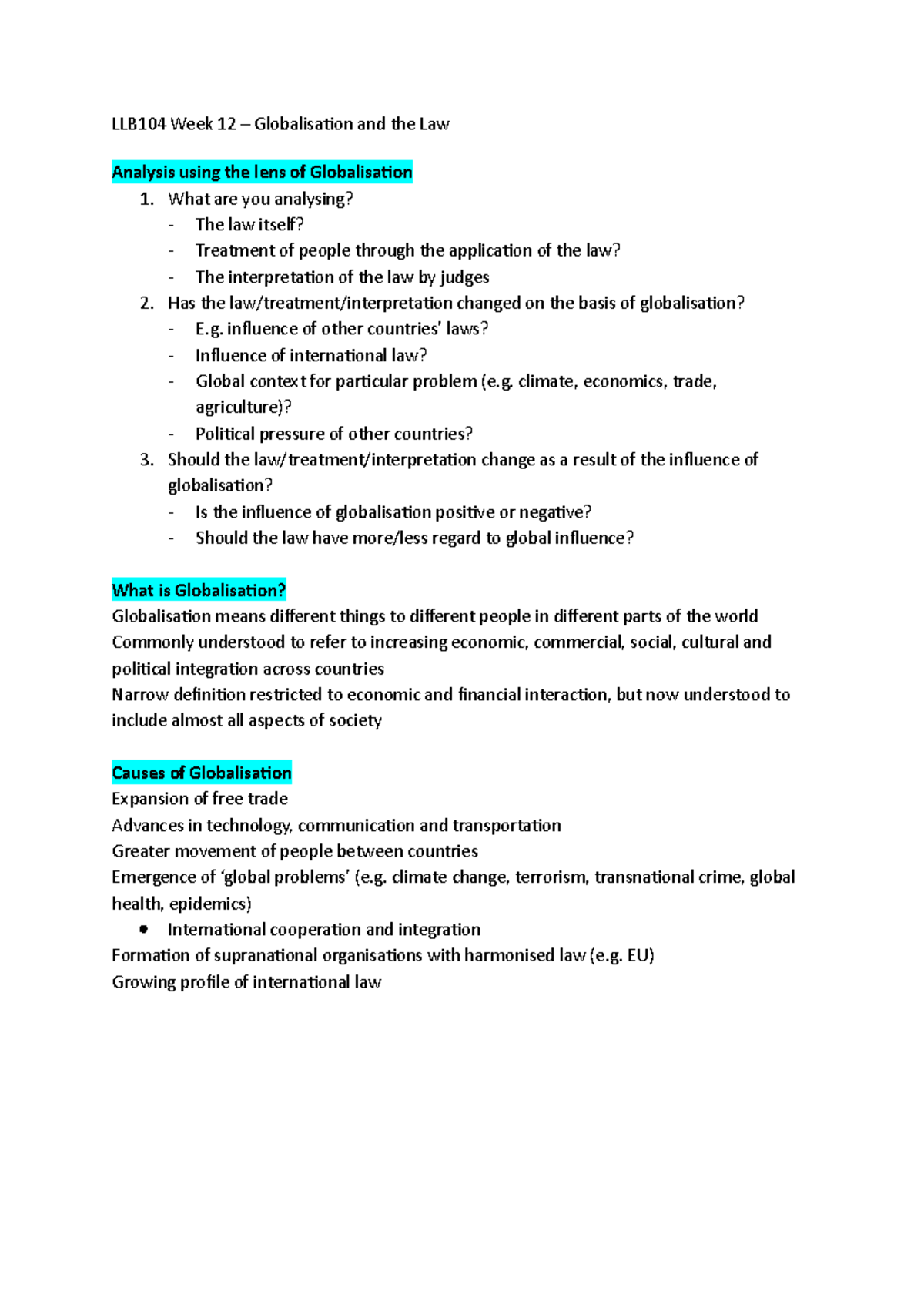 LLB104 W12 - Lecture notes 12 - LLB104 Week 12 – Globalisation and the ...