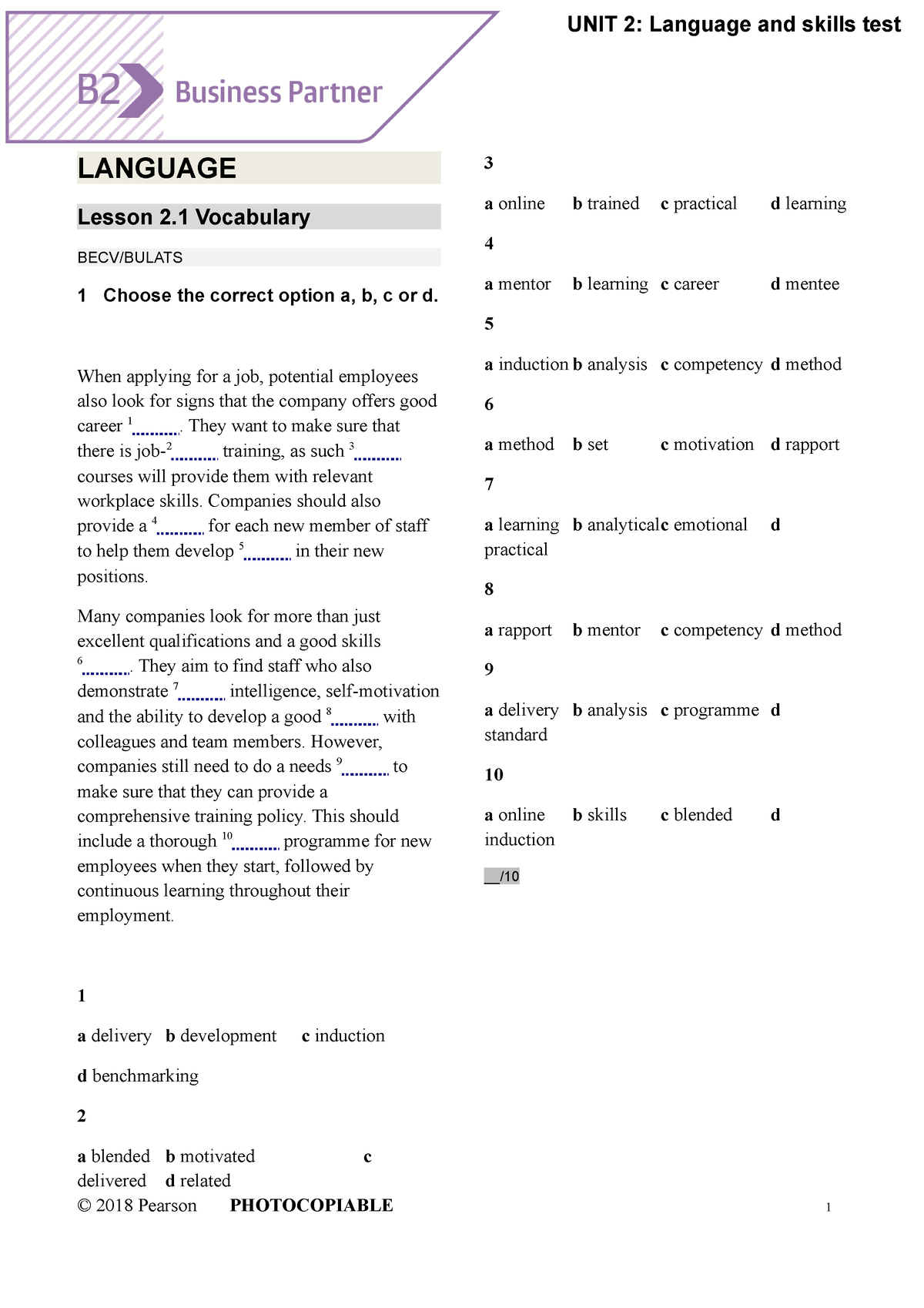 BP B2 Tests Unit2 - LANGUAGE Lesson 2 Vocabulary BECV/BULATS 1 Choose ...