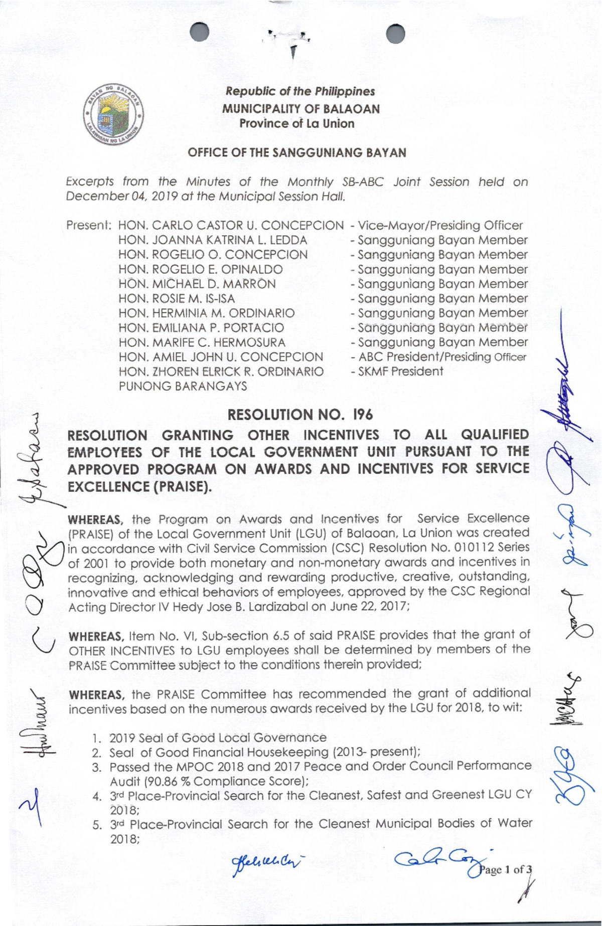 Resolution No. 196 S. 2019 - Granting other employees os LGU pursuant ...