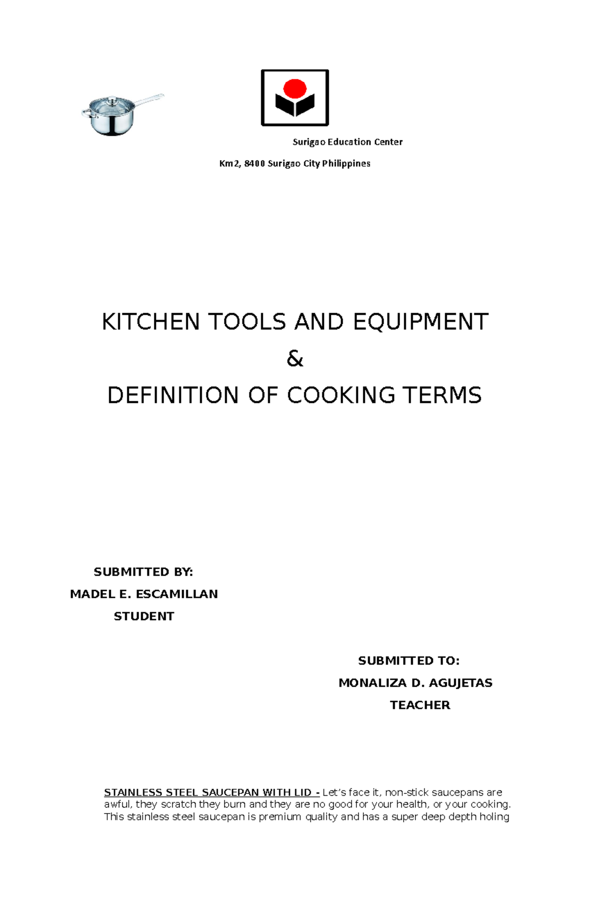 Kitchen and Tools Equipment, Definition of Cooking Terms Surigao