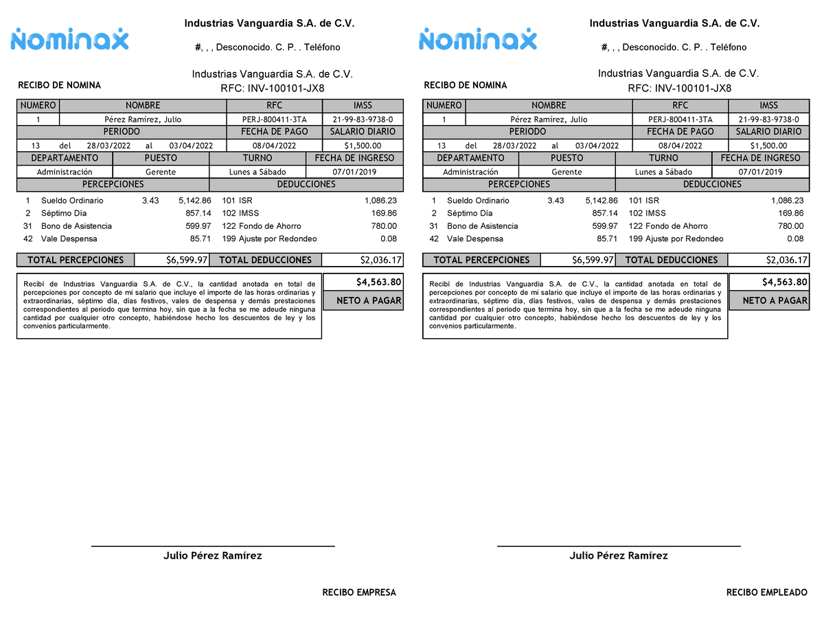 Recibo De Nómina Vertical Recibo De Nomina Rfc Inv 100101 Jx