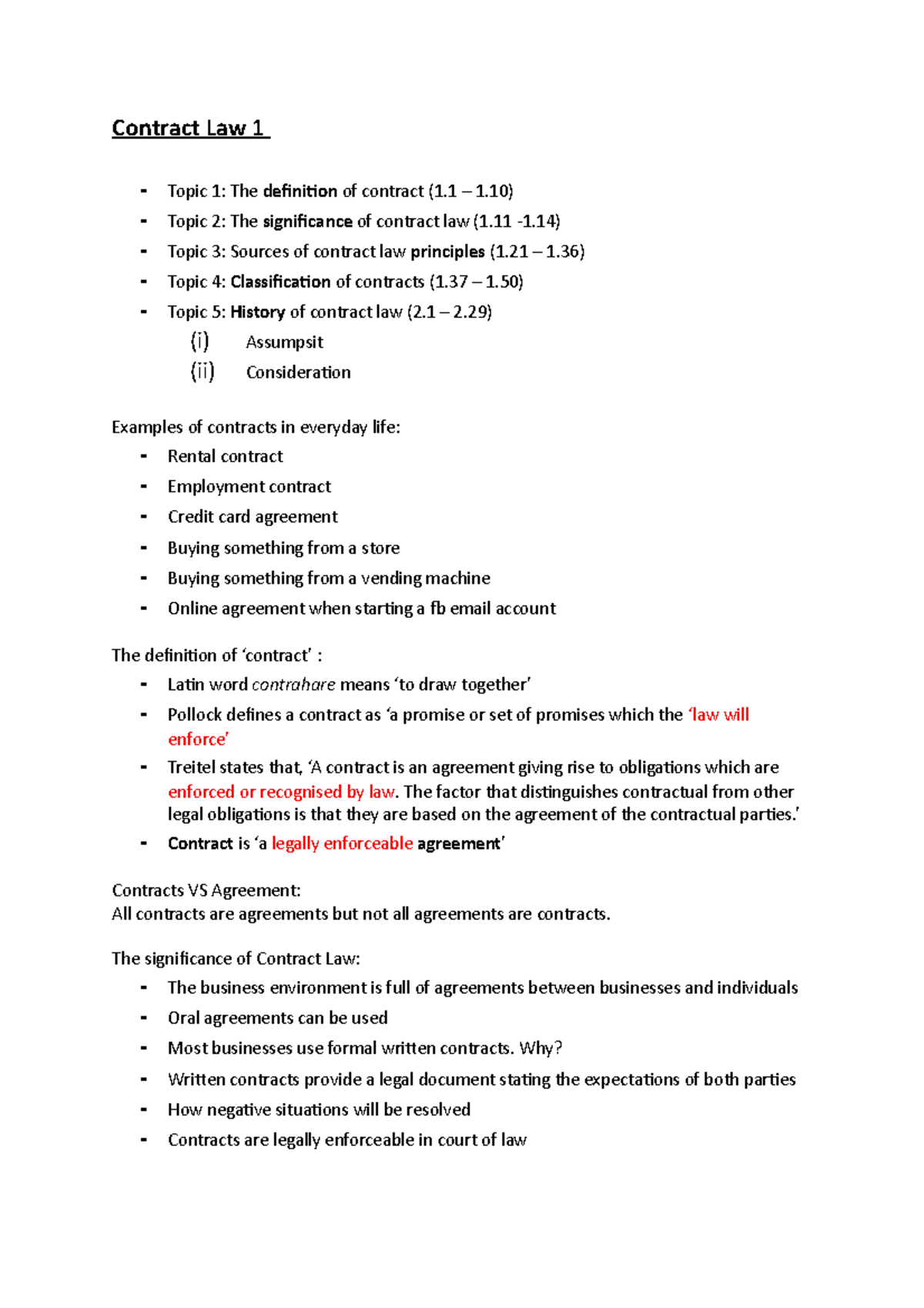 Contract Law 1 - Week 1 Notes - Contract Law 1 - Topic 1: The ...