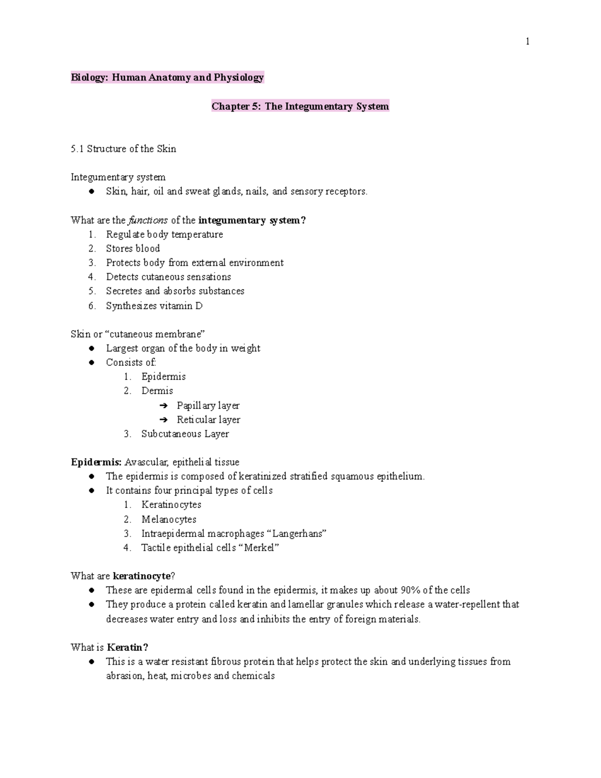 BIO Ch 5- The Integumentary System - Biology: Human Anatomy and Physiology  Chapter 5: The - StuDocu