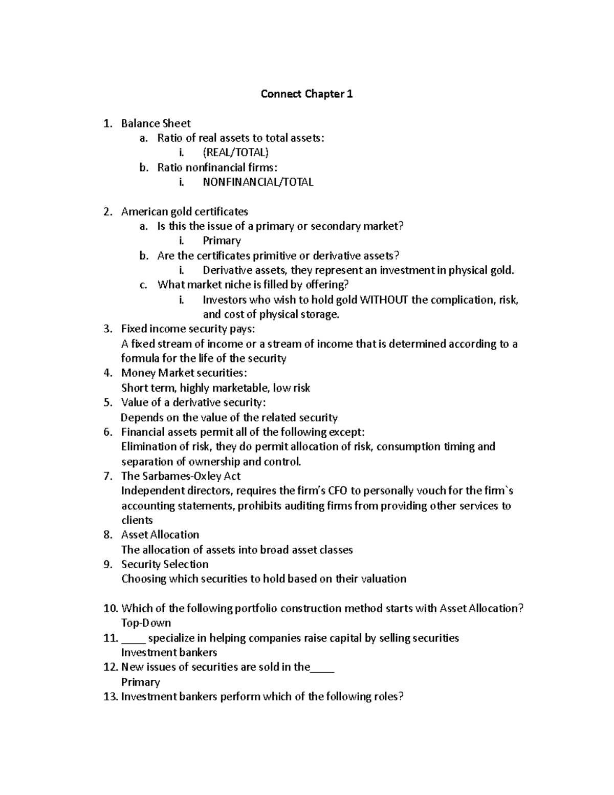 Connect multiple choice - Connect Chapter 1 Balance Sheet a. Ratio of ...