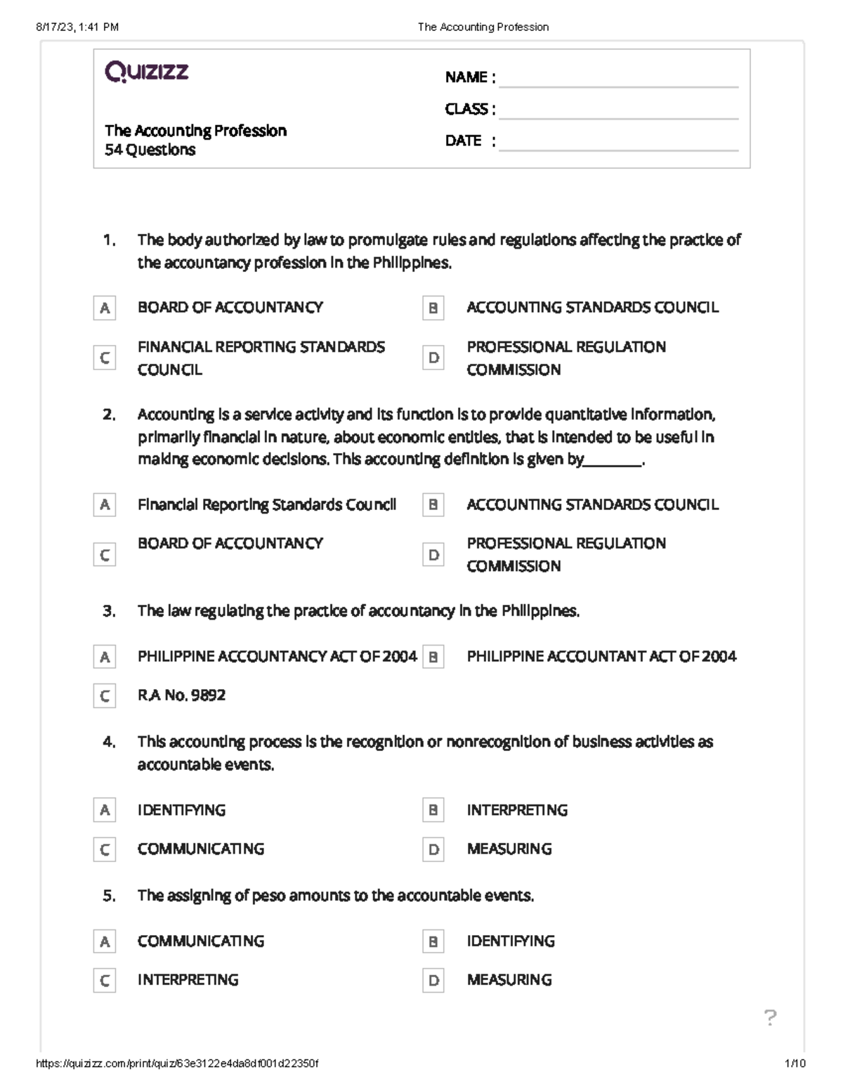 The Accounting Profession A BOARD OF ACCOUNTANCY B ACCOUNTING
