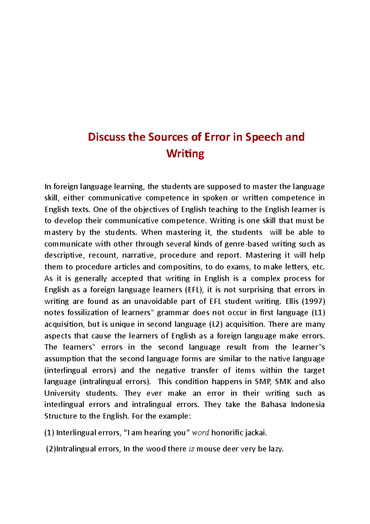 Sources of Error in Speech and Writing - Foreign Language - AMU - Studocu