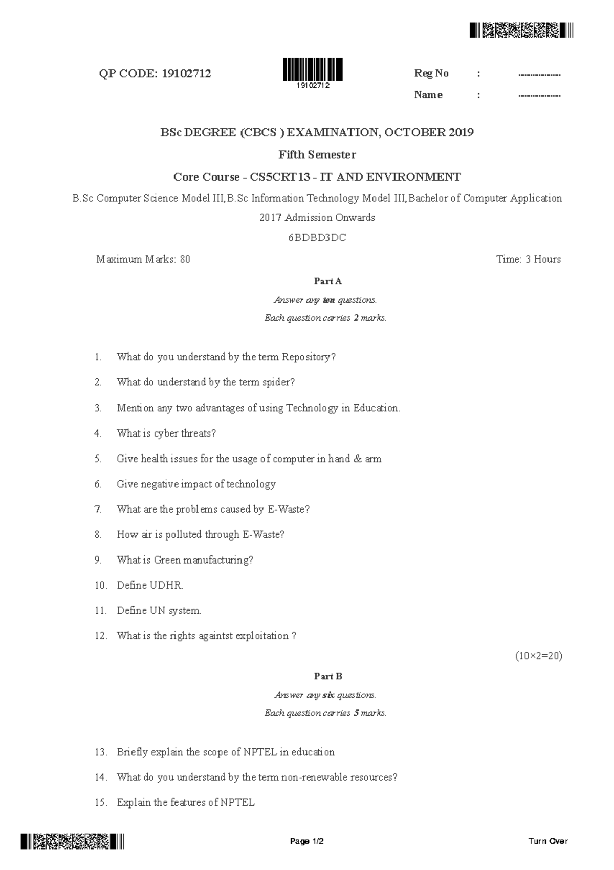 IT AND Environment 2019 min - QP CODE: 19102712 Reg No ...