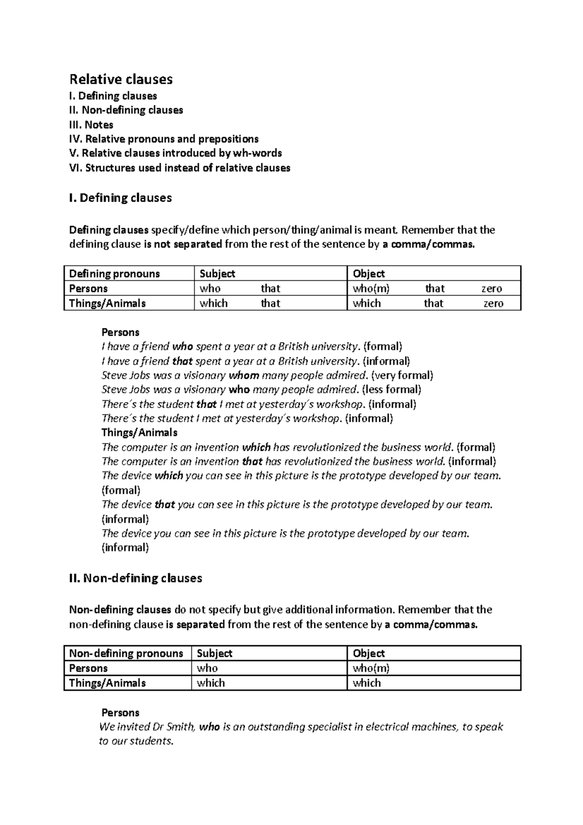 Relative clauses - Defining clauses II. clauses Notes IV. Relative ...