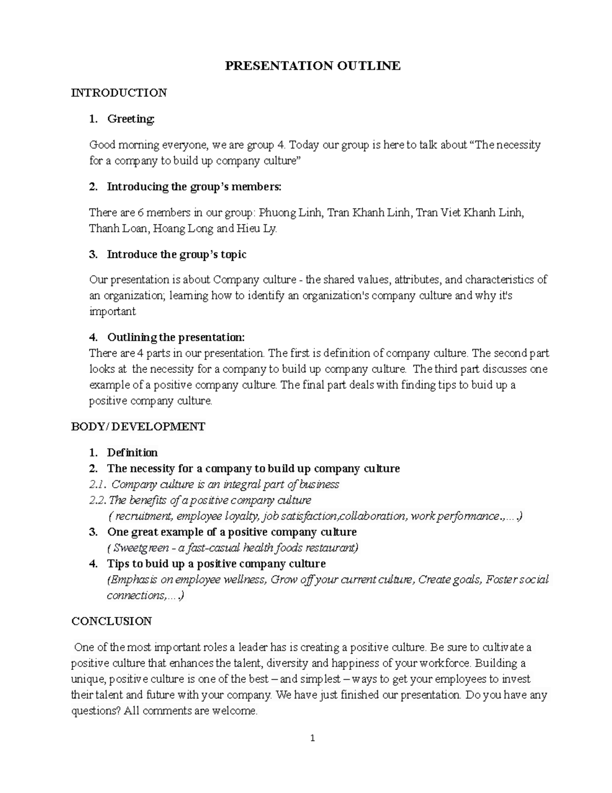 Outline sample - Nothing - PRESENTATION OUTLINE INTRODUCTION Greeting ...