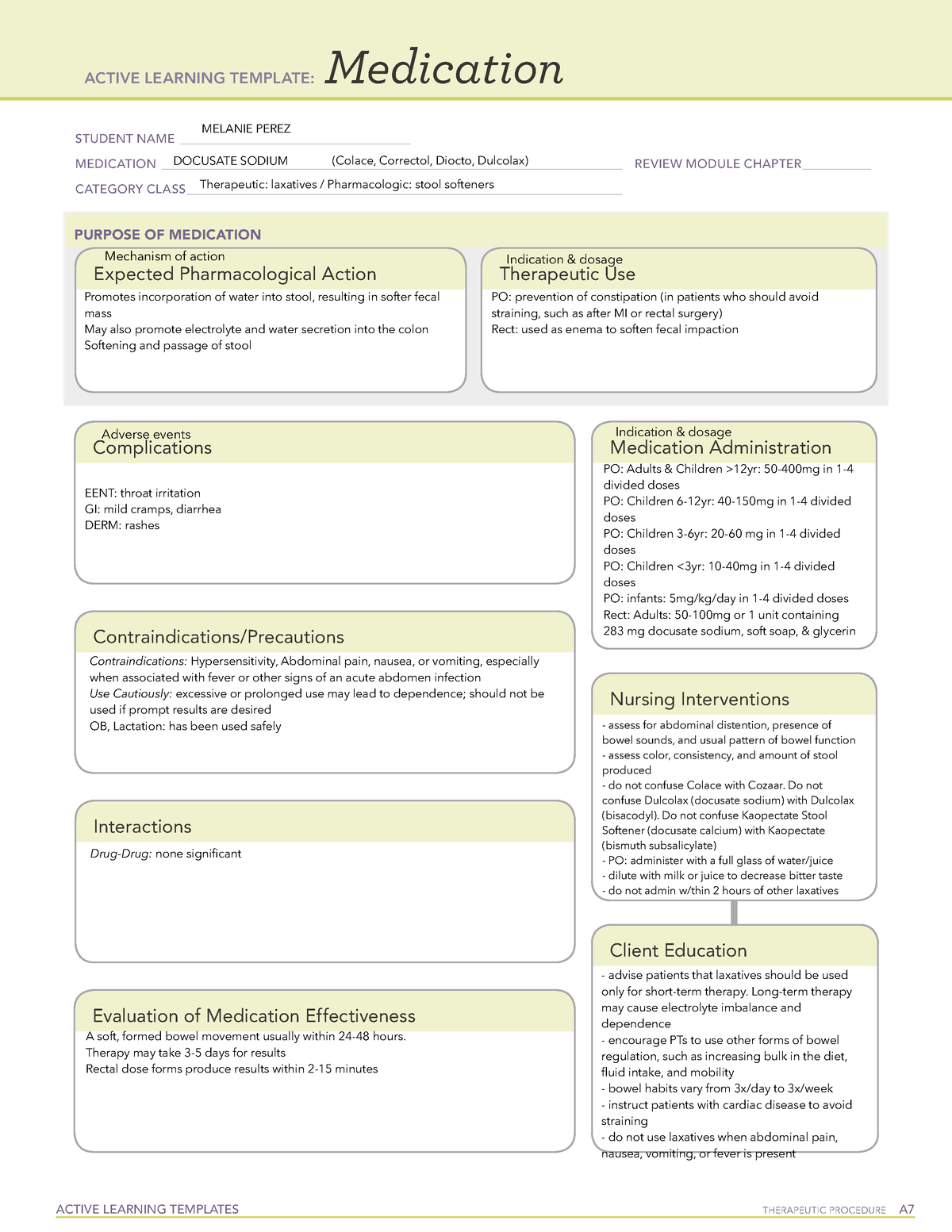Docusate Sodium Med Card Fundamentals Of Nursing ACTIVE LEARNING TEMPLATES THERAPEUTIC