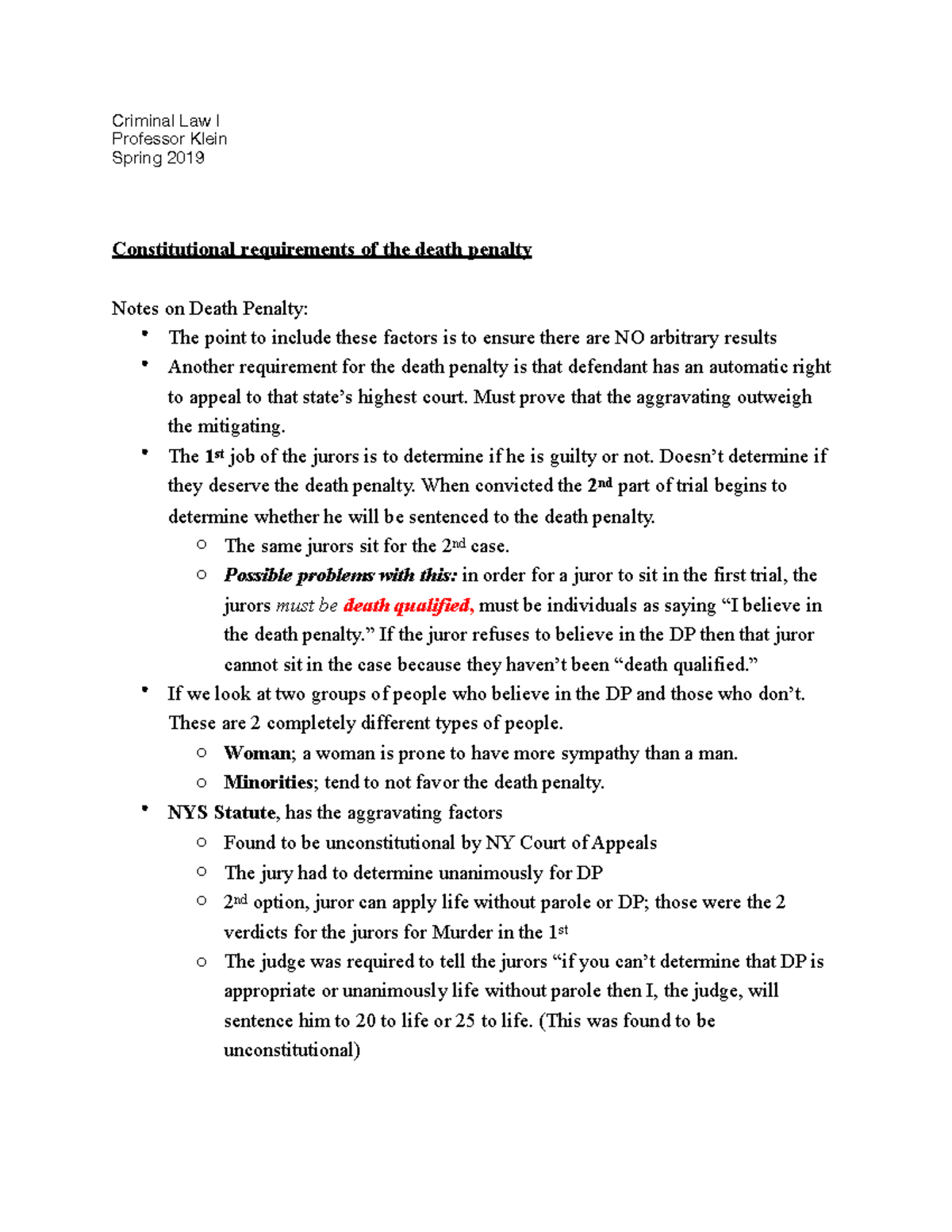 Constitutional requirements of the death penalty - Criminal Law I ...