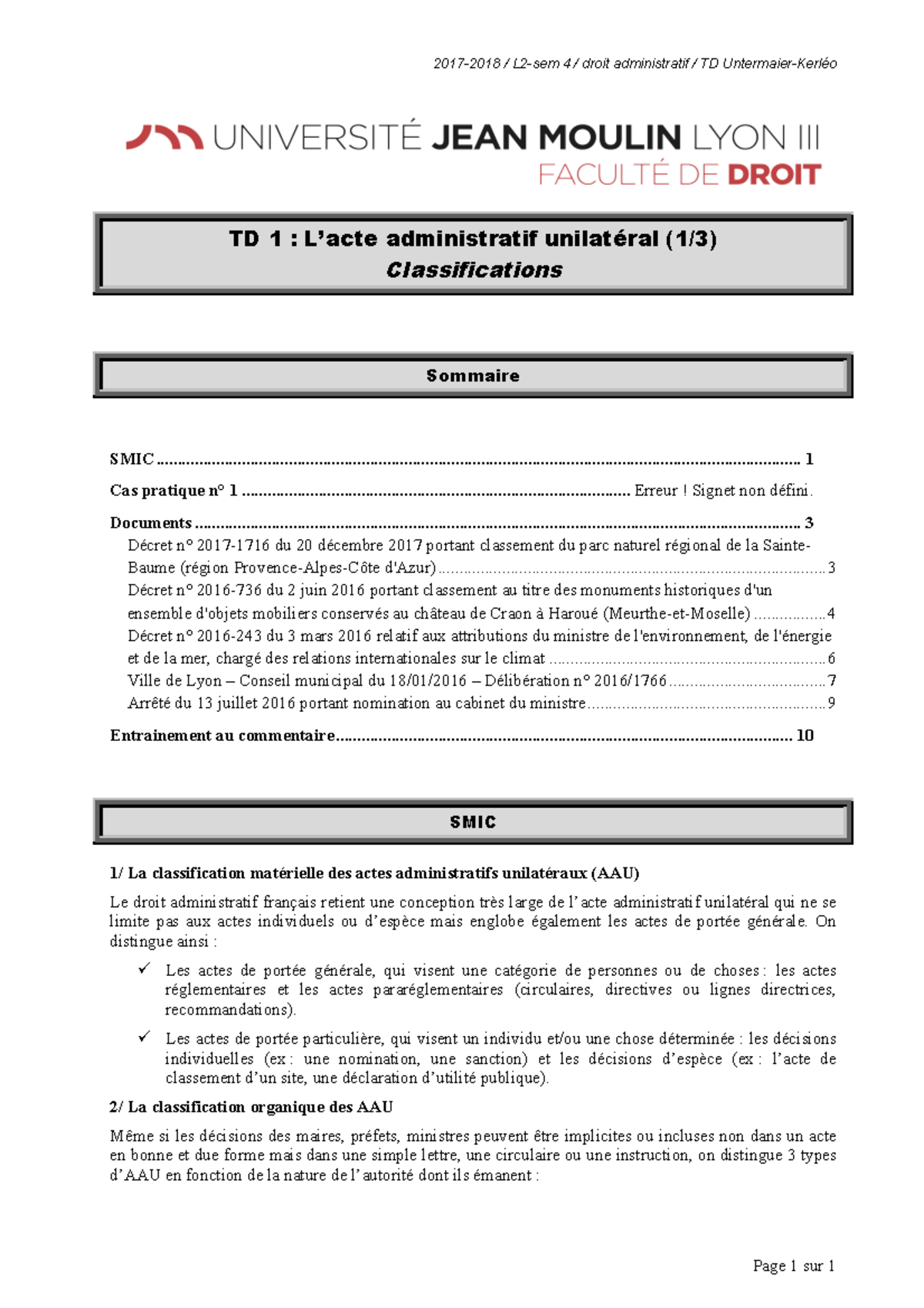 DA S4 TD1 Acte Administratif Unilatéraux - TD 1 : L’acte Administratif ...