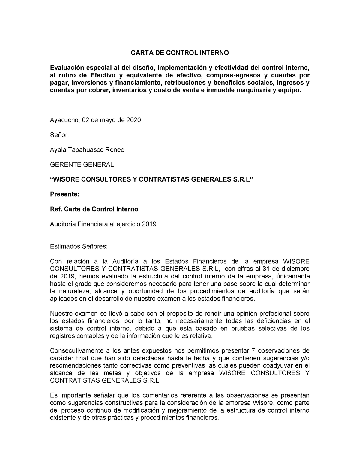 Carta de control interno final - CARTA DE CONTROL INTERNO Evaluación  especial al del diseño, - Studocu