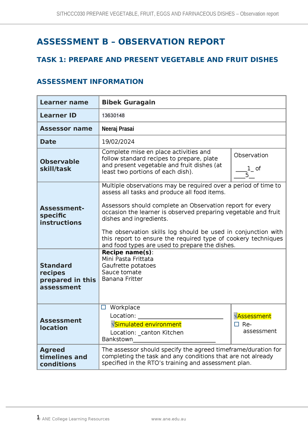 Sithccc 030 Assessment B Observation Report Task 1 V4-1-1 - ASSESSMENT ...