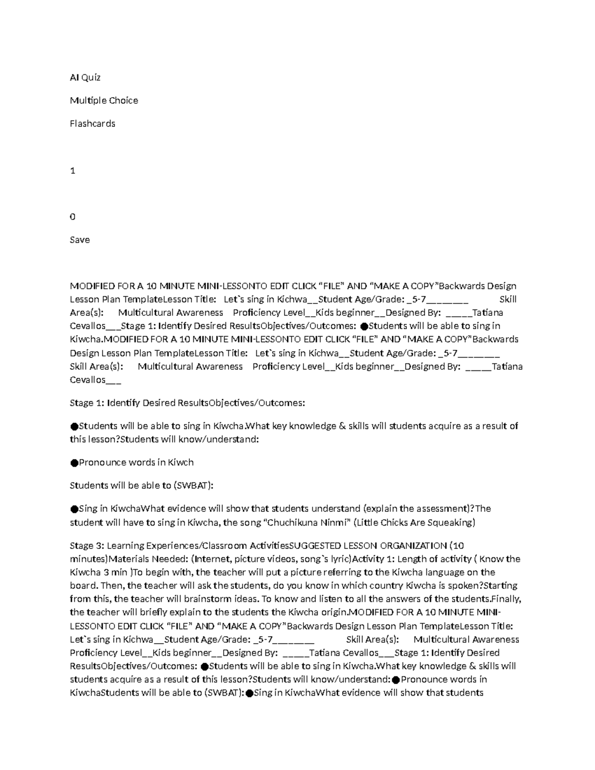 Design Lesson Document - AI Quiz Multiple Choice Flashcards 1 0 Save ...