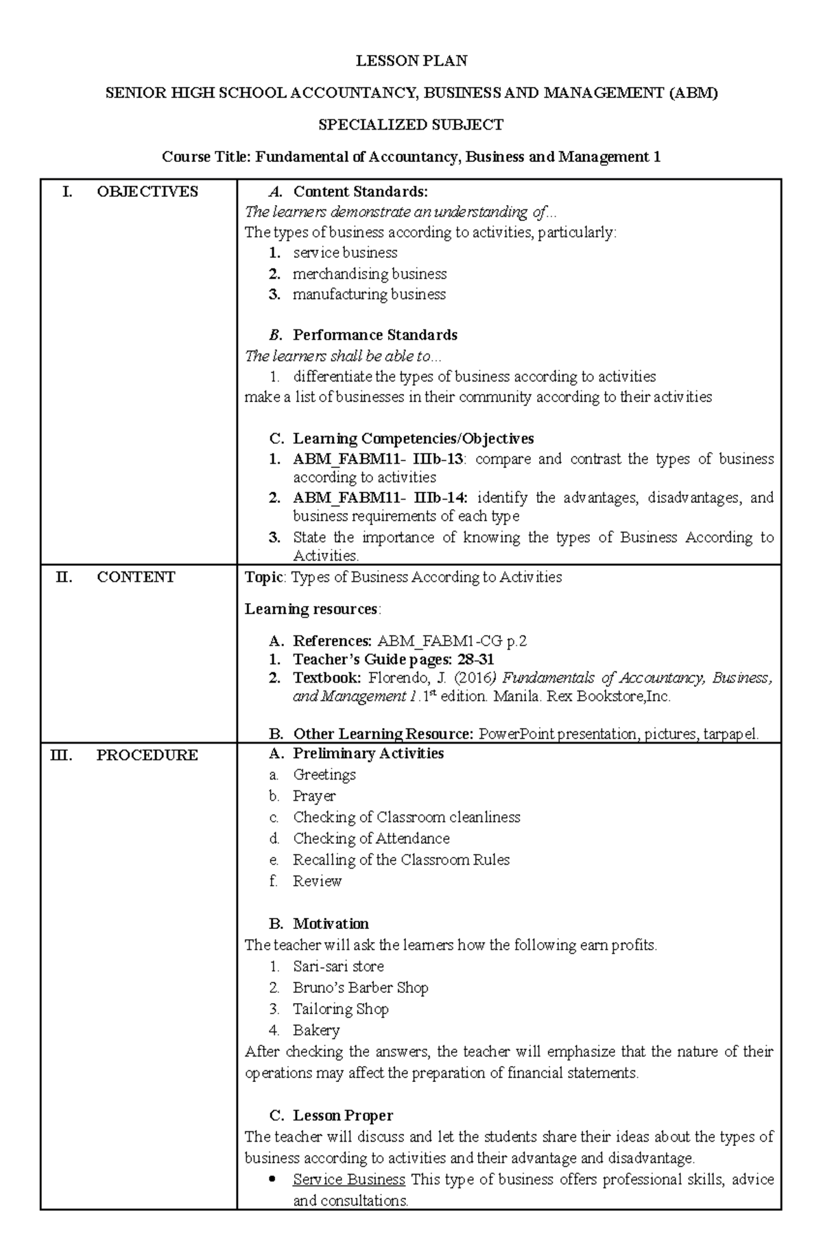 CMN LP(Business accrdng to activities) - LESSON PLAN SENIOR HIGH SCHOOL ...