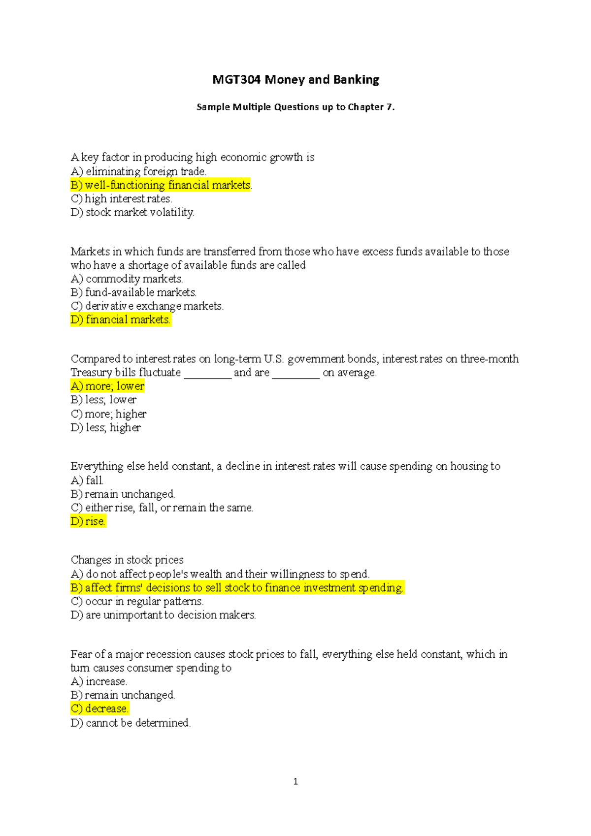 MGT 304 Midterm Study Question (with answers) MGT304 Money and