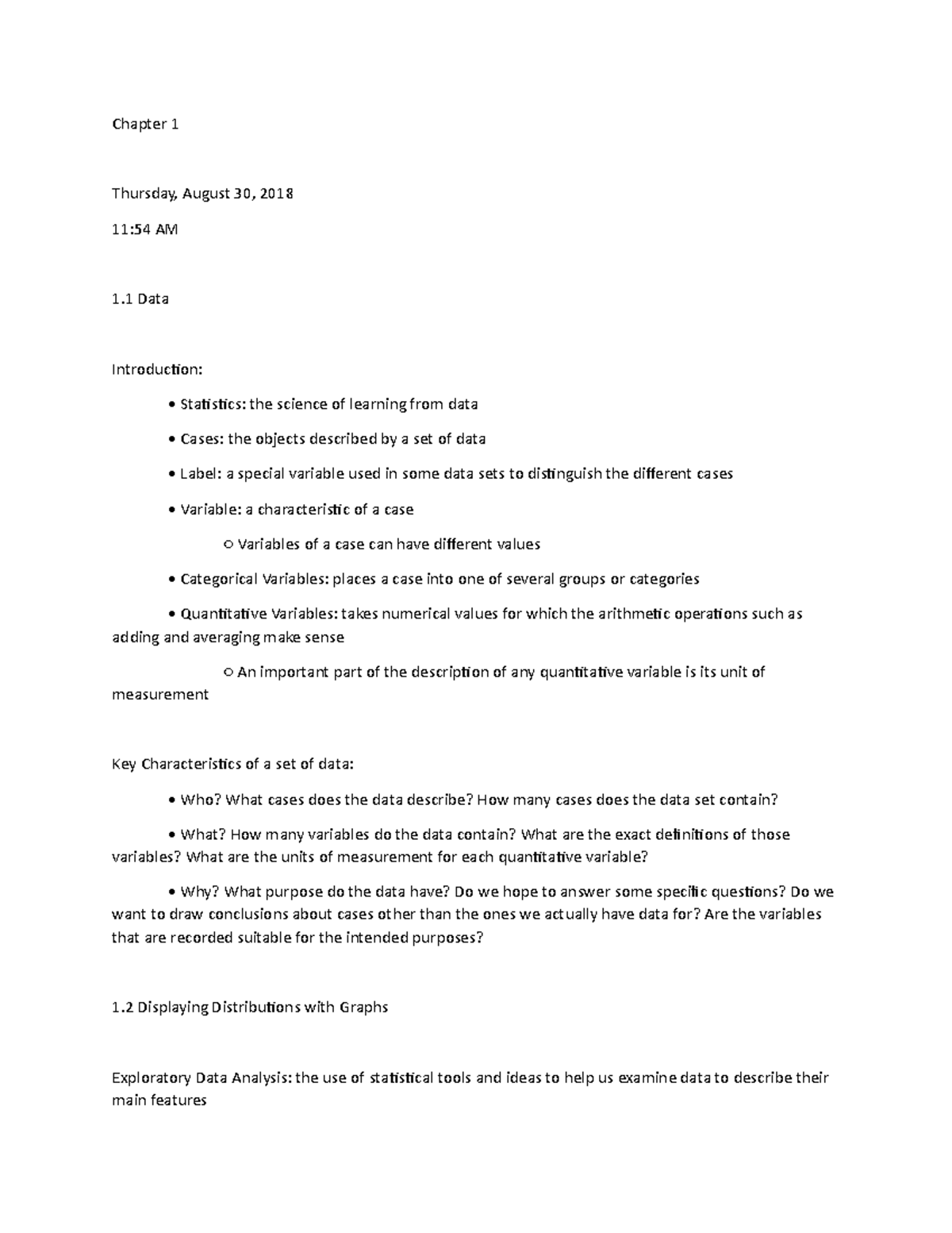 MAT 221 Notes - Chapter 1 Thursday, August 30, 2018 11:54 AM 1 Data ...