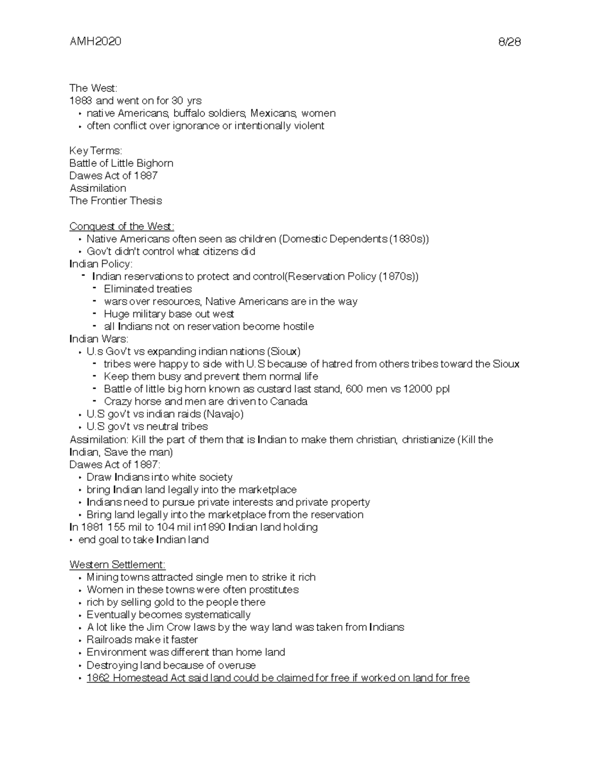 AMH2020 Lecture 1 Notes - AMH2020 The West: 1883 And Went On For 30 Yrs ...