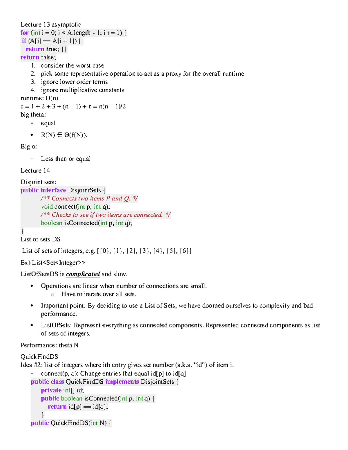 CS61B Midterm 2 Study Guide - Lecture 13 Asymptotic For (int I = 0; I