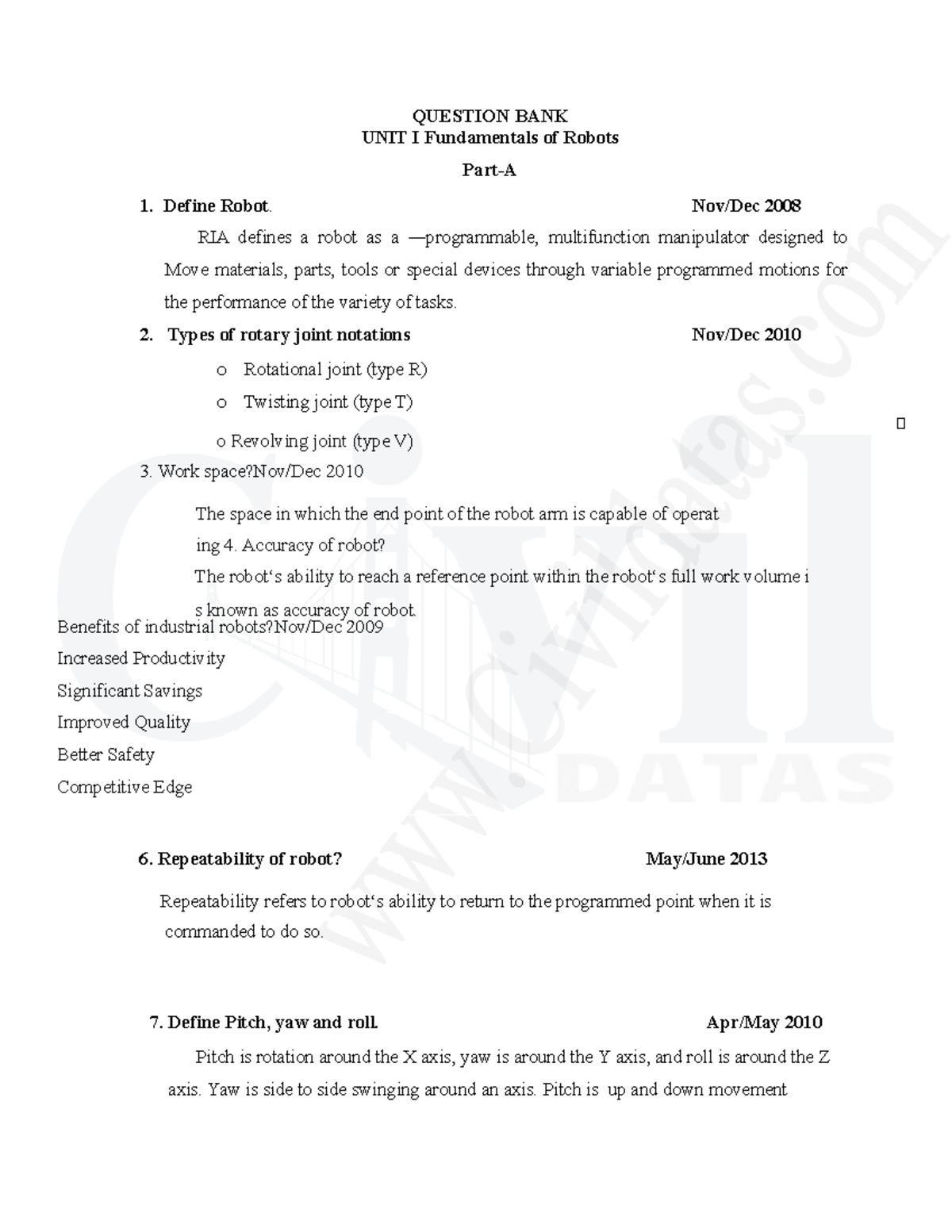 Robotics Question BANK QUESTION BANK UNIT I Fundamentals of Robots