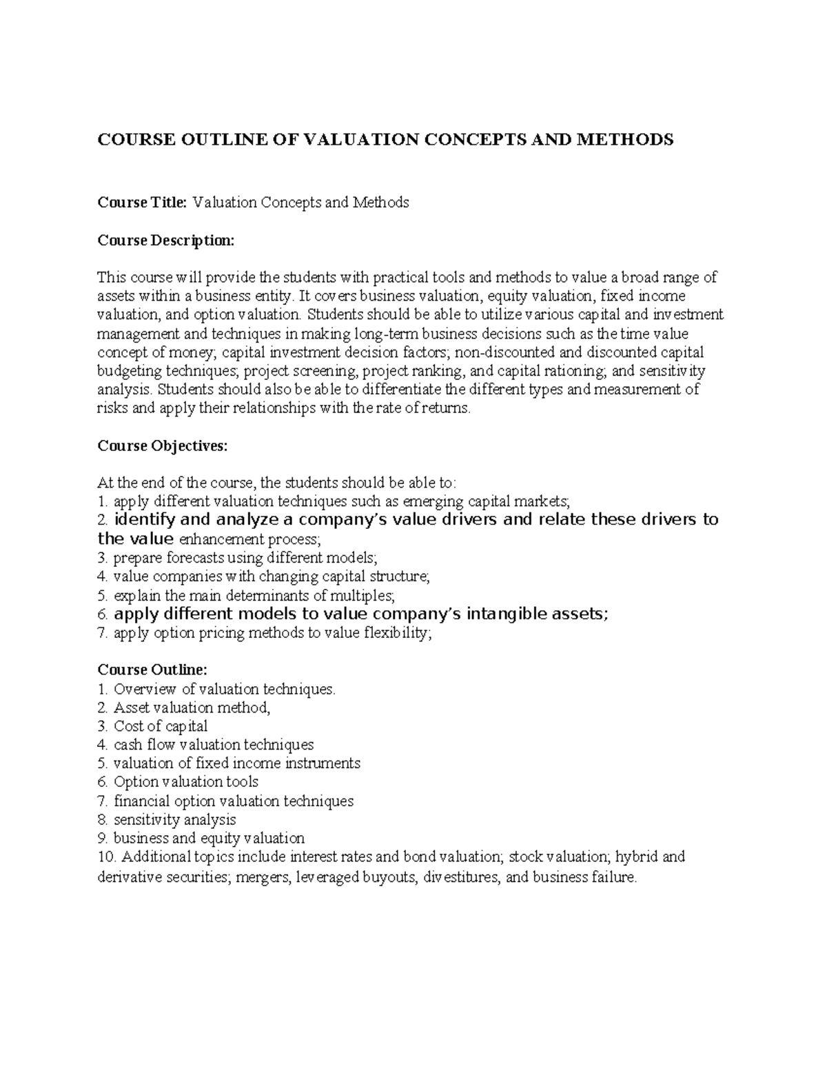 Course Outline OF Valuation Concepts AND Methods - COURSE OUTLINE OF ...