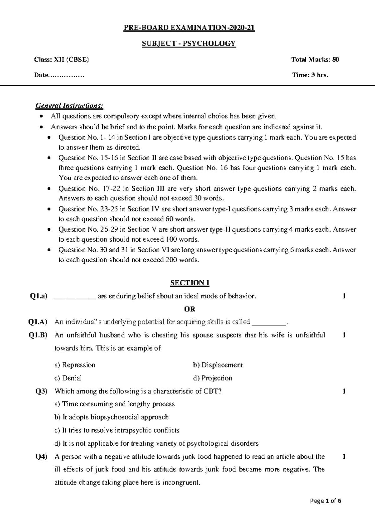 Psychology board xii PREBOARD EXAMINATION2020 SUBJECT PSYCHOLOGY