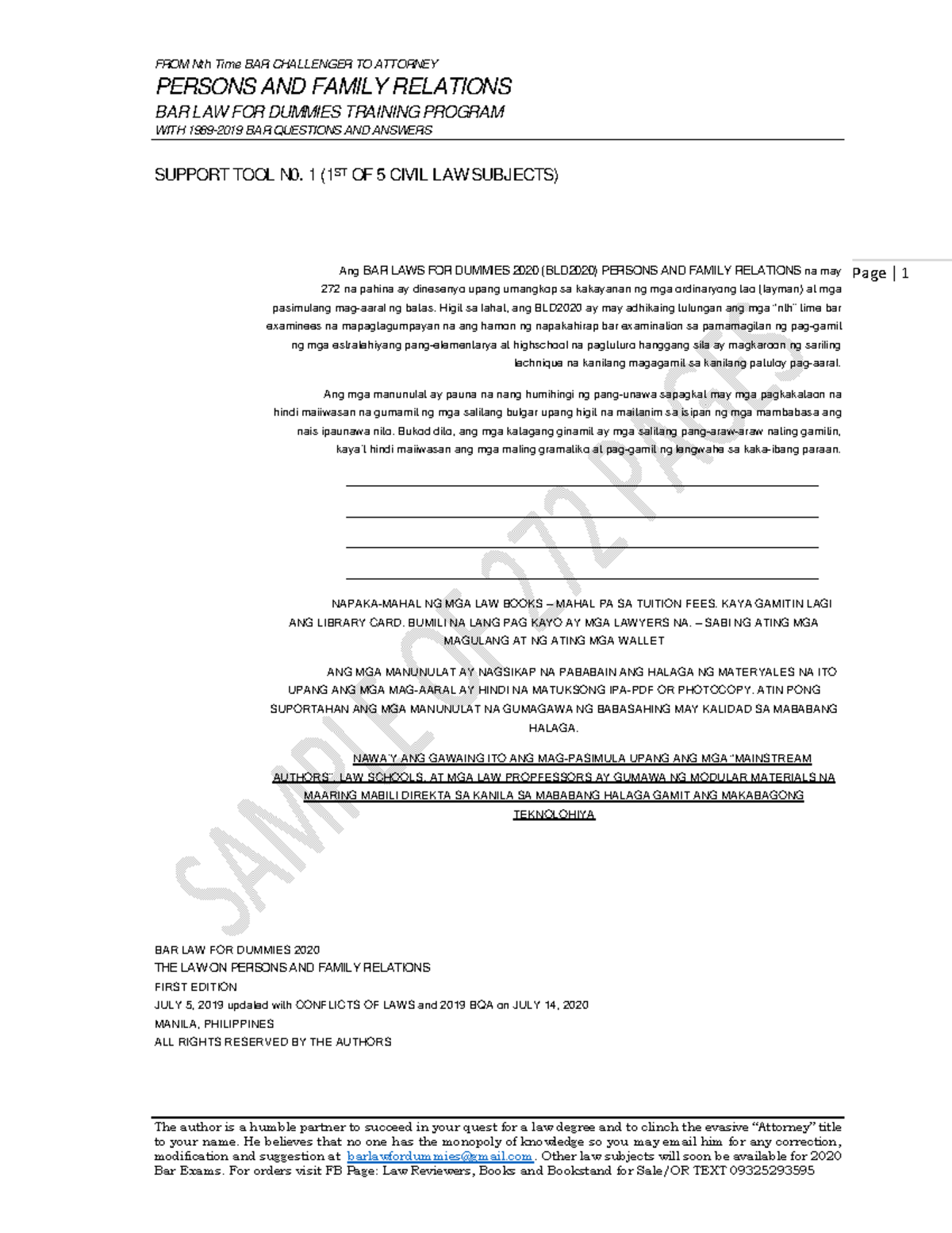 BLD2020 Family 1 PERSONS AND FAMILY RELATIONS BAR LAW FOR DUMMIES