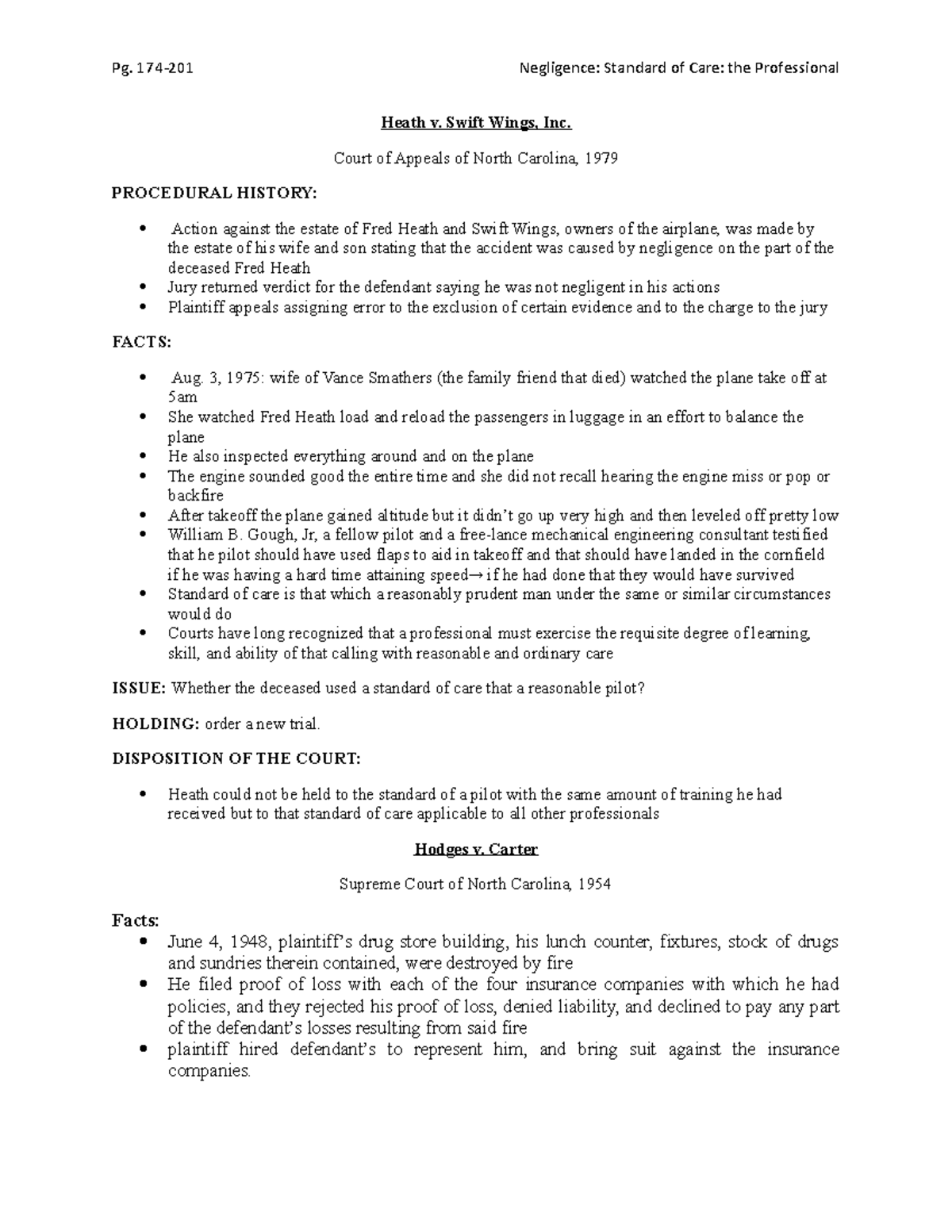 Heath Case Brief on professional standard of care Heath v. Swift Wings, Inc. Court of Appeals