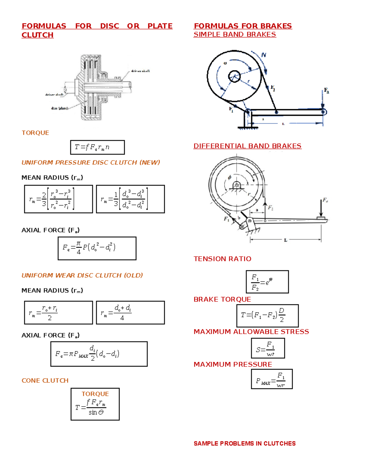 Toaz FORMULAS FOR DISC OR PLATE CLUTCH TORQUE UNIFORM PRESSURE DISC