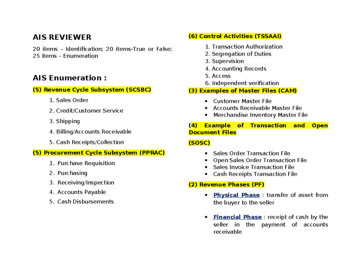 AIS Reviewer for accounting student - AIS REVIEWER 20 items ...
