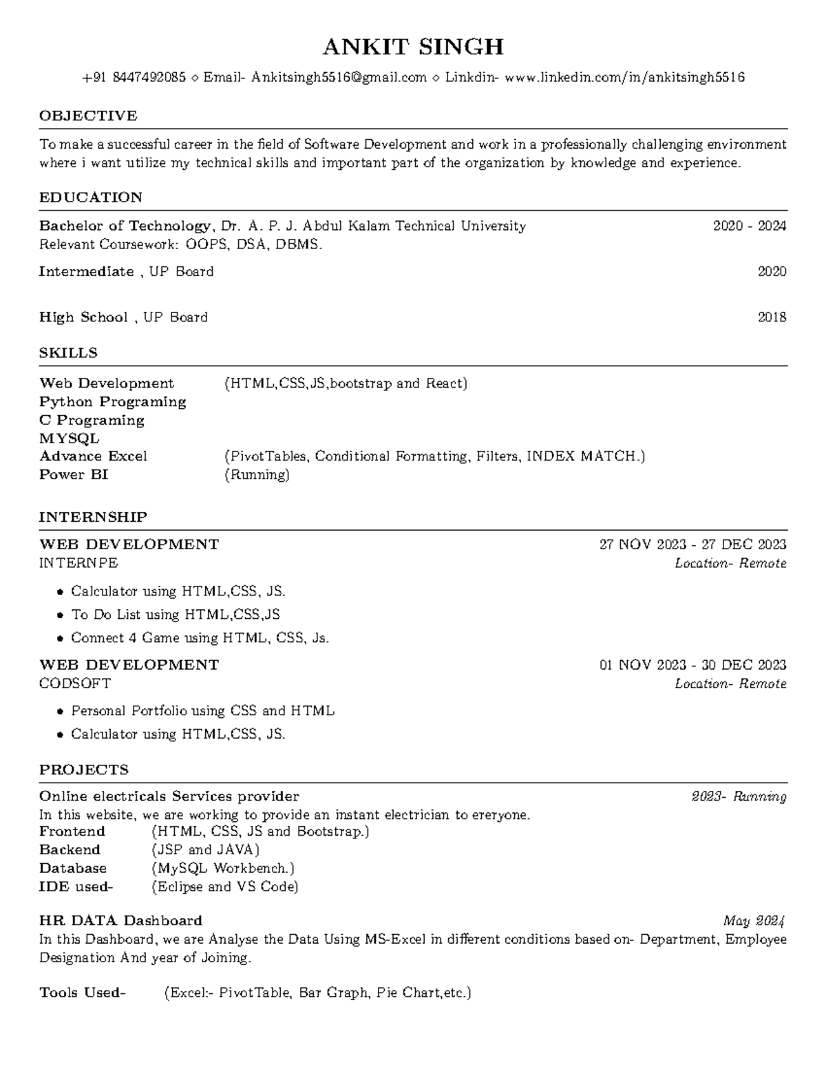 Resume Formate for software Developers - ANKIT SINGH +91 8447492085 ⋄ ...
