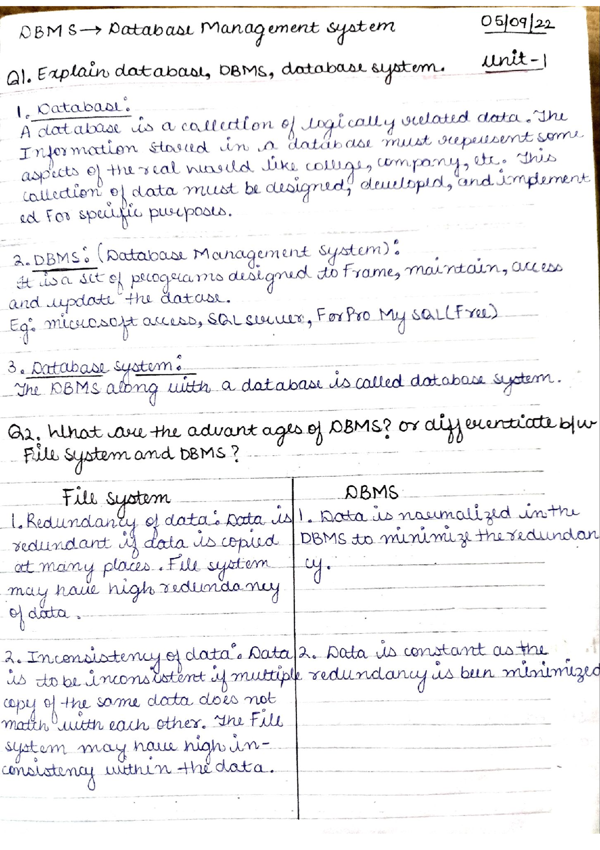 DBMS Unit 1 - DBMS Notes - B.Tech CSE 3rd year (unit one) DBMS - Studocu