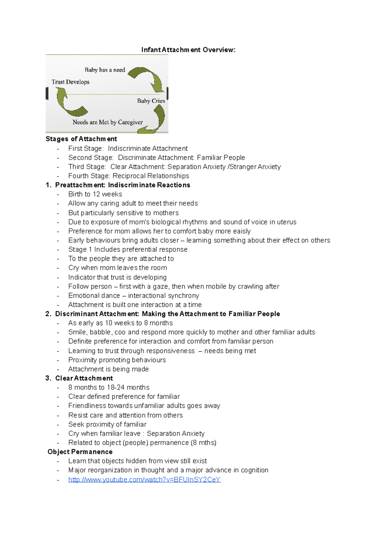 Week four - Lecture notes 4 - Infant Attachment Overview: Stages of ...