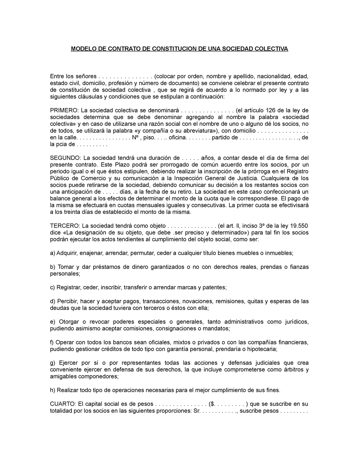 Contrato constitutivo de una sociedad colectiva - MODELO DE CONTRATO DE  CONSTITUCION DE UNA SOCIEDAD - Studocu