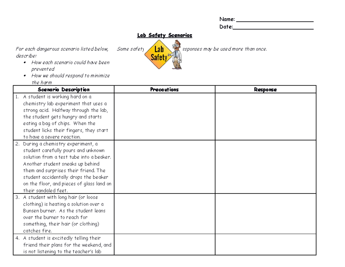 Lab Safety Scenarios - review questions for snc2d - Name: Date: Lab ...