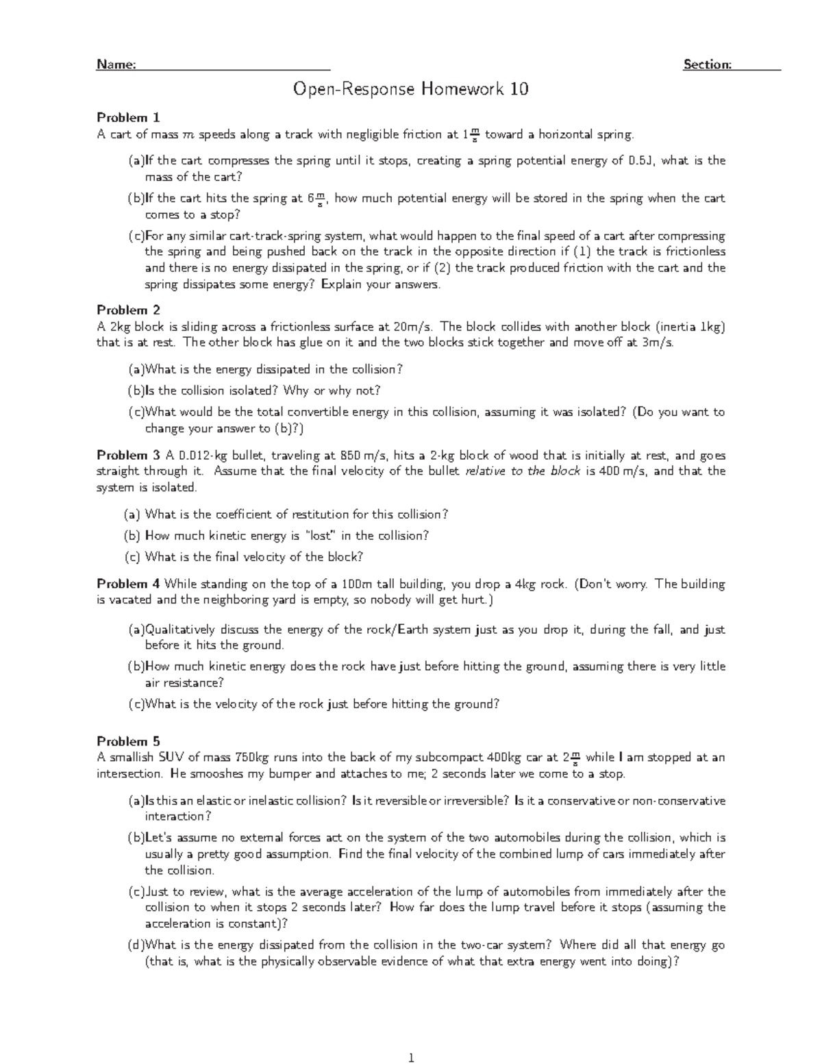 OR HW 10 - extra practice - Name: Section: Open-Response Homework 10 ...