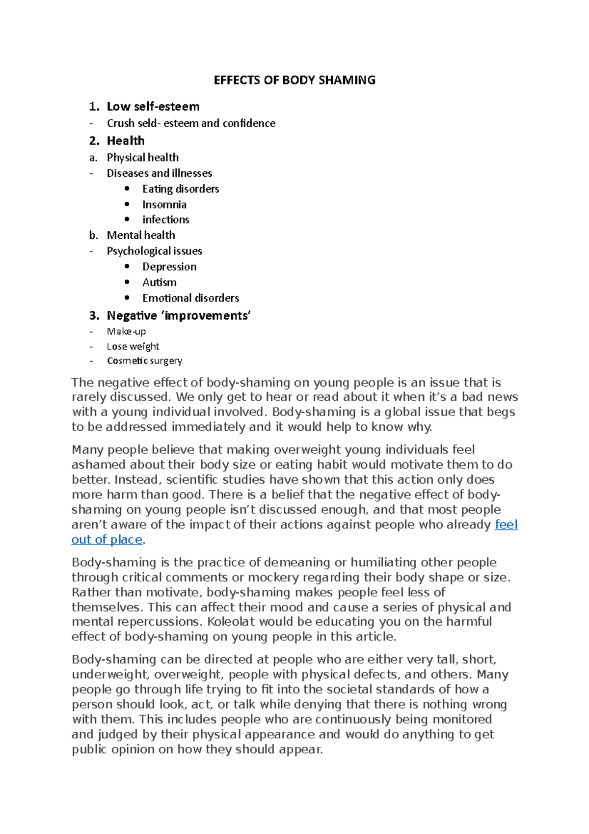 B2.3 draft ( nháp nháp nháp) - EFFECTS OF BODY SHAMING 1. Low self ...
