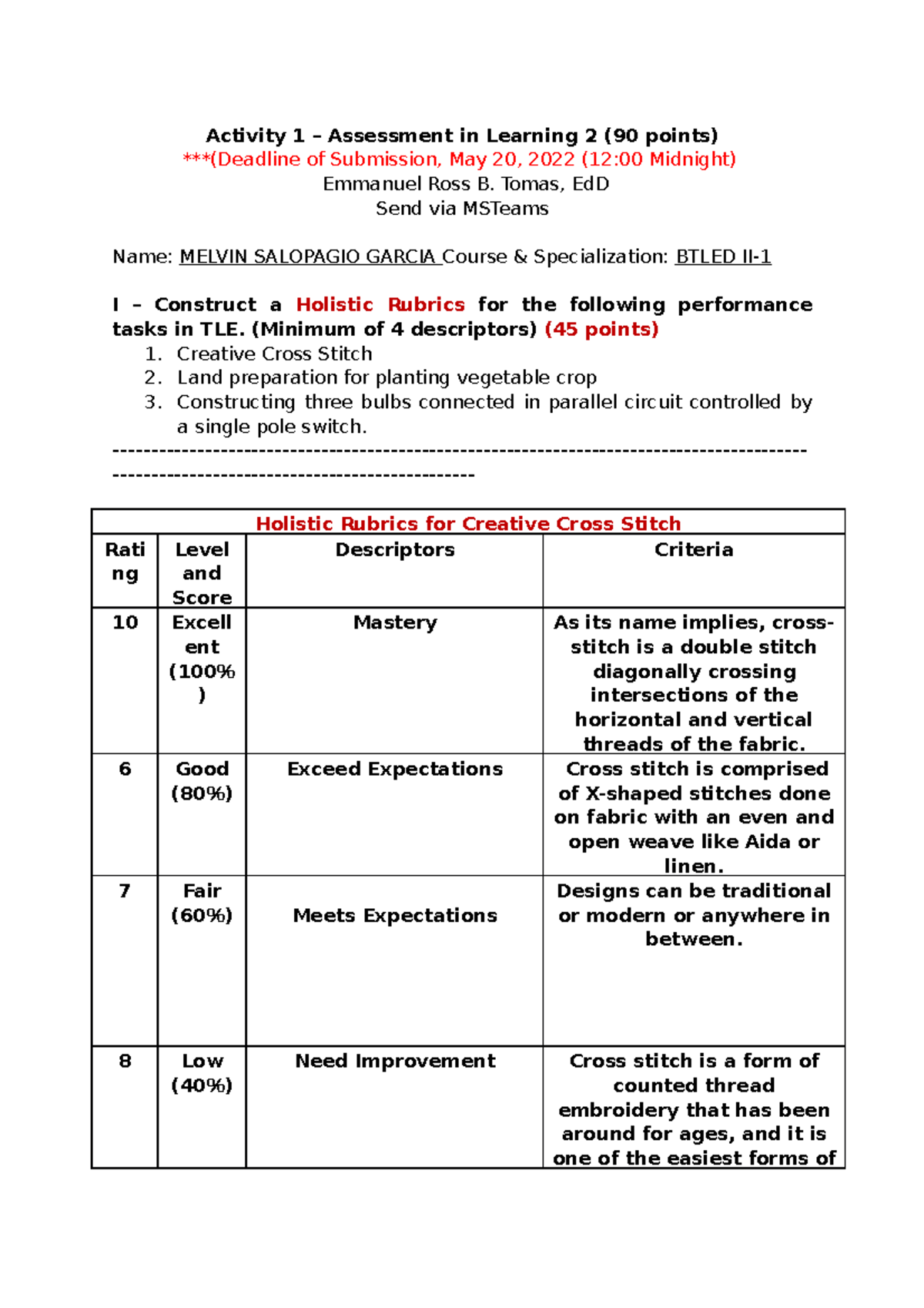 Activity 1 Assessment MSG Activity 1 Assessment in Learning 2 (90